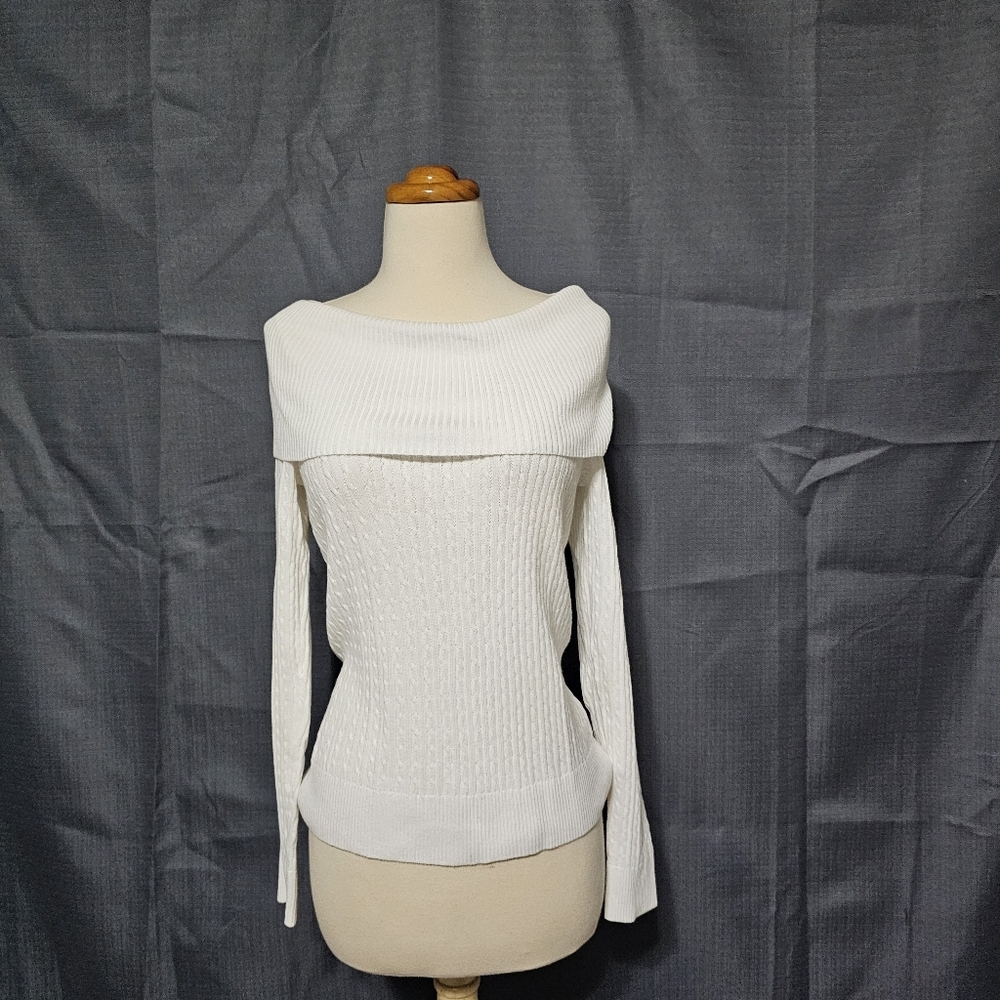 Pria White Off Shoulder Cable Knit Sweater Top S